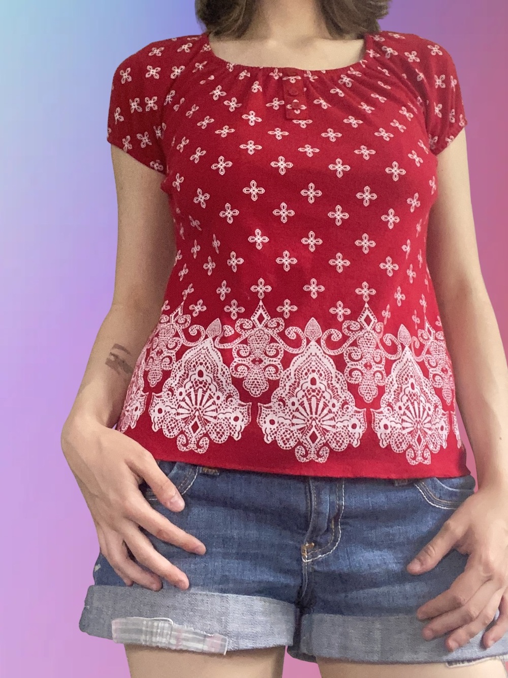 Karen Scott Red Bandana Geometric Print Border Hem Henley Top